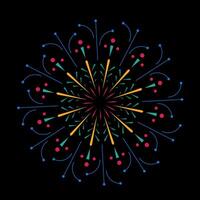 Bright flare outbreak with fireworks sparks. Radiant circular explosion featuring colorful light rays. Abstract sunburst design on black background vector