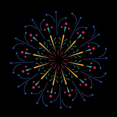 Bright flare outbreak with fireworks sparks. Radiant circular explosion featuring colorful light rays. Abstract sunburst design on black background