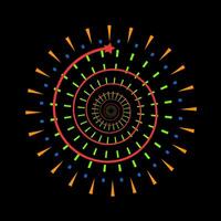 Firecracker burst featuring radiant light rays. Vibrant fireworks inspired explosion with colorful sparks on black background. Abstract sunburst flare icon vector