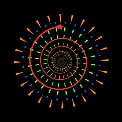 Firecracker burst featuring radiant light rays. Vibrant fireworks inspired explosion with colorful sparks on black background. Abstract sunburst flare icon