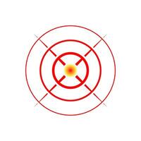 Red circle for pain localization. Sore spot mark indicating hurt region. Ache area icon for medical signs. Targeted symbol used in painkiller ads vector