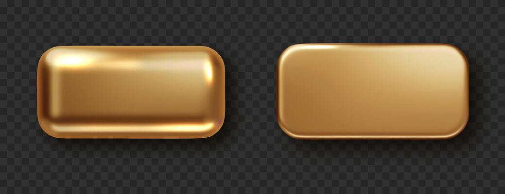 Gold rectangle button isolated. Golden design for empty emblem. Glossy golden metallic shape. 3D realistic shiny icon