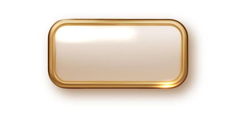 Gold 3d rectangle button isolated on white background. Glossy golden metallic shape. 3D realistic shiny icon