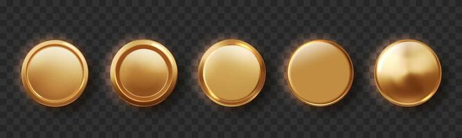 Golden button realistic isolated. Set of shiny round frames medal or coin, winner emblems. Realistic round shiny blank 3d medal for champions prize vector