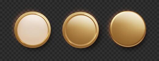 Gold round button collection. 3d realistic golden blank medals isolated vector