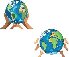 Many multicultural hands holding earth globe protecting environment vector