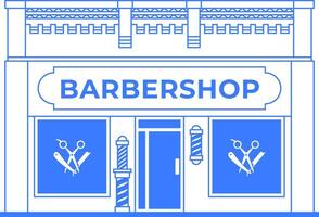 Barbershop building line art illustration. Isolated icon on white background. One color blue outline graphic. Local barber business infographic. Old vintage architecture of downtown. Editable stroke. vector