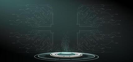 digital platform emits particles in a dark environment, surrounded by circuit patterns, showcasing advanced technology. The ambience feels both modern and mysterious vector