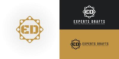 This dynamic logo design features the initials ED elegantly intertwined within a stylized gear in gold color. Perfect for automotive businesses, workshops, mechanics logo design inspiration template vector