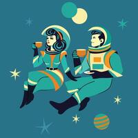 Retro Illustration of Astronauts Relaxing with Coffee in Space vector