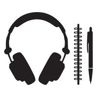 silhouette of headphone placed beside a notepad and pen vector