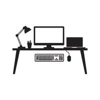 A clean silhouette of a desk with a laptop, monitor, mouse, and keyboard vector