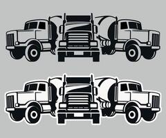 black and white silhouette icon of a group of concrete mixer trucks on a white background vector