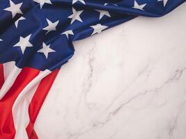 Top view of the American flag on a marble table with copy space for text photo