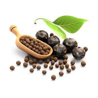 Black peppercorns placed delicately on a white canvas, their deep color creating a striking contrast against the simplicity. photo
