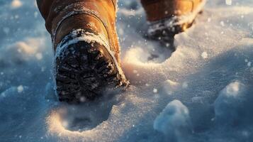 A person walking in the snow with their boots on photo