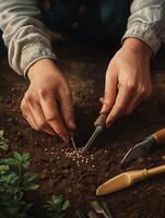 A person is working on a garden with tools photo