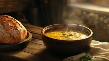 Soup and bread on a wooden table photo