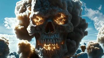 Face of nuclear war. Skull with fiery eyes. Massive skull-shaped clouds loom over a surreal landscape filled with nuclear mushroom clouds. Beginning of third world war video