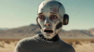 Android experiences fear amidst a desolate environment. Unsettling reactions highlight themes of emotion and humanity, inviting viewers to ponder the nature of artificial intelligence. video