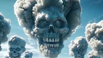 Oversized skulls formed from billowing clouds against a bright blue sky. Face of nuclear war. Skull with explosion over the head video
