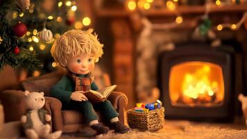 Smiling child sits comfortably on sofa, immersed in book next to warm fireplace. Twinkling lights illuminate festive setting filled with holiday decorations Christmas tree. Christmas storytelling video