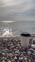 Enjoying a warm drink on the rocky beach during a serene morning by the ocean video