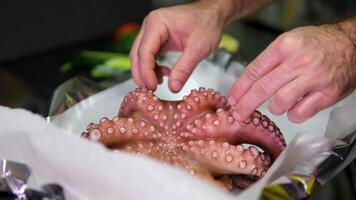 Unrecognizable person stirring boiling octopus in a large pot in a restaurant. Octopus cooking in boiling water to prepare a recipe in a restaurant. video