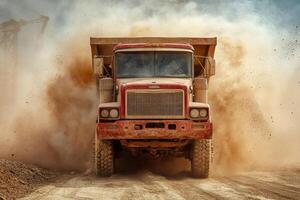 A red dump truck driving through a dusty construction site, creating a cloud of dust. photo
