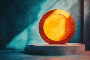 A minimalist sculpture featuring a large circular orange element on a pedestal in a textured space. photo