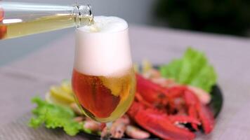 Close-up, pouring beer into a glass on a yellow background. Foaming beer in a glass goblet with marine products beer with lobster and shrimp video