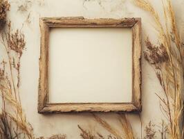 A rustic wooden frame surrounded by dried plants on a textured background. photo