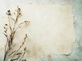 A textured, aged paper background with dried plants, ideal for design or stationery use. photo