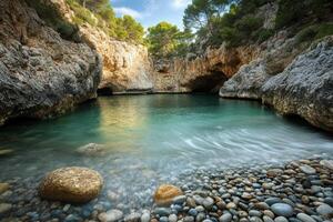 A serene coastal scene featuring calm waters, rocky cliffs, and lush greenery. photo