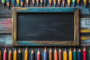 A rustic frame surrounded by colorful pencils on a wooden surface, ideal for creative projects. photo