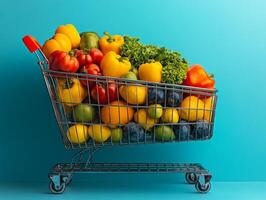 A shopping cart filled with colorful fruits and vegetables against a blue background. photo