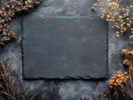 A dark slate surface surrounded by dried flowers and plants, ideal for creative layouts. photo