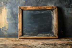 A rustic wooden-framed chalkboard against a textured wall, ideal for notes or artwork. photo