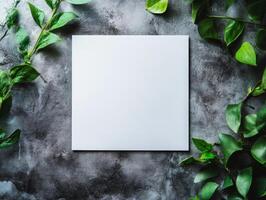 A blank square canvas surrounded by lush green leaves on a textured surface. photo