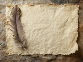 A textured, aged parchment with a single feather, evoking a sense of nostalgia and creativity. photo
