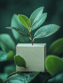 A minimalist plant display featuring a green leaf emerging from a textured square base. photo