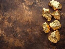 A collection of gold nuggets on a textured brown surface, symbolizing wealth and prosperity. photo