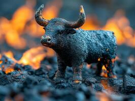A textured bull figurine stands on dark volcanic rock with glowing orange flames in the background. photo