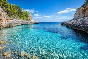 A serene coastal scene featuring clear turquoise waters and rocky cliffs under a blue sky. photo