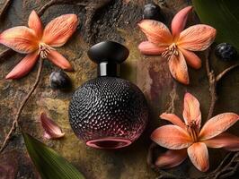 A perfume bottle surrounded by vibrant flowers and natural elements. photo