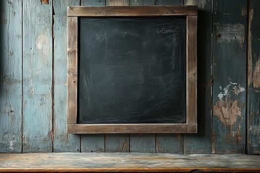 A rustic chalkboard framed in weathered wood against a textured wall, ideal for notes or drawings. photo