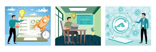 Rocket Launch and Growth Elements. Office Professional Working on Project Implementation. Businessman Presenting Cloud Computing and Digital Transformation. Set flat modern illustration vector