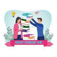 a boy and a girl are stacking up and collecting books to read together. Happy Literacy Day on the of September. Flat modern illustration vector