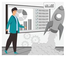 Businessman Launching Startup with Growth Analytics and Rocket. vector