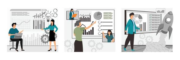 Business Professionals Discussing Data and Analysis. Online Collaboration Tools. Growth Analysis and Rocket. Set flat modern illustration vector